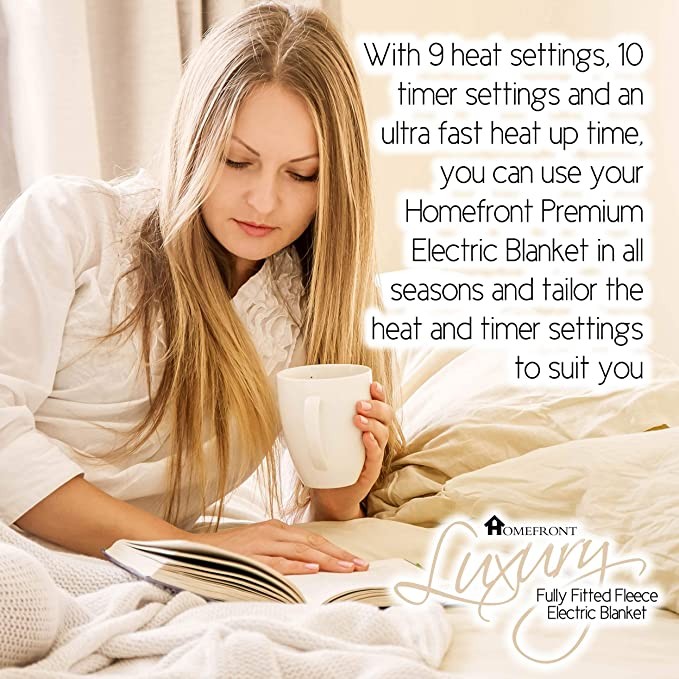 Homefront electric blanket dual control-extra large bed premium wool full bed cover 203x182cm blanket with elastic skirt-advanced overheat protection-single body and foot heating technology-fast heati